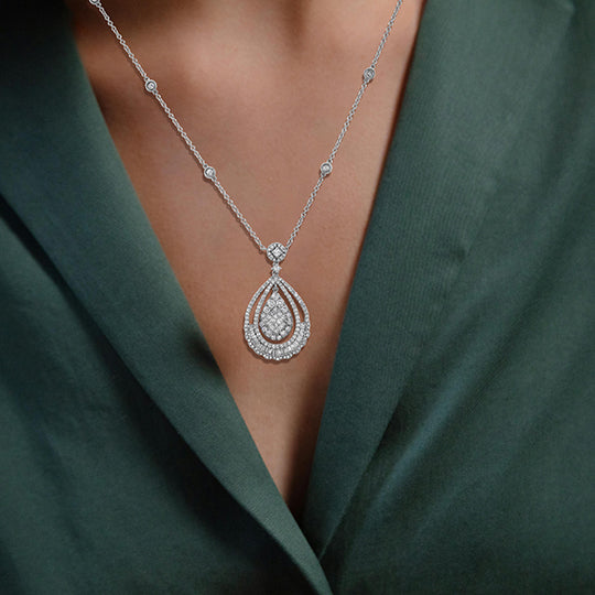 Woman wearing lab-grown diamond necklace