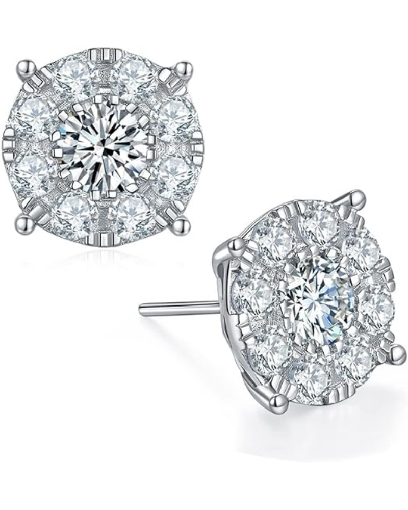 Halo Moissanite Stud Earrings 18K White Gold Plated 925 Sterling Silver Studs for Women Men,Jewelry Gifts