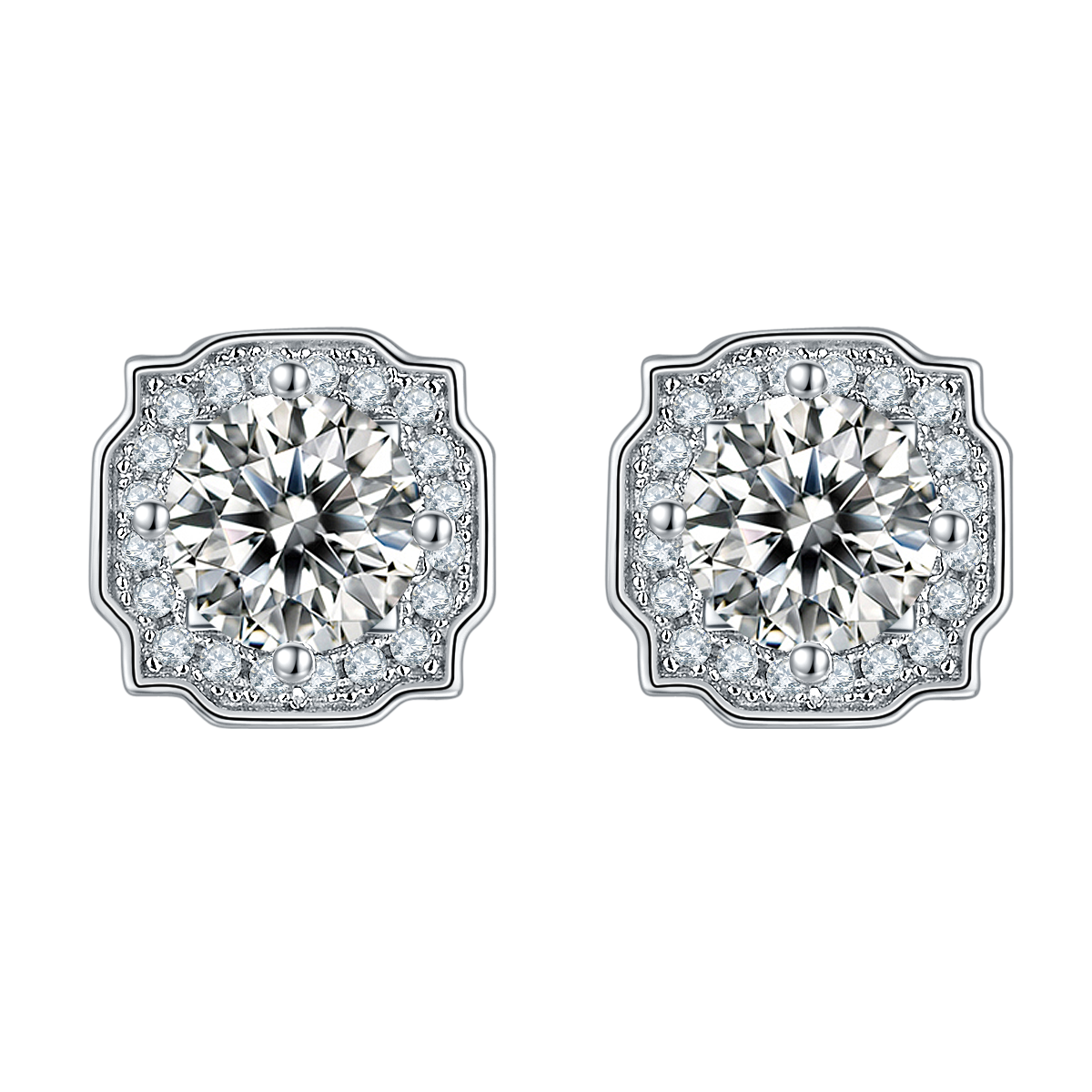 Four-Prong Round Lab-Grown Diamond Halo Earrings