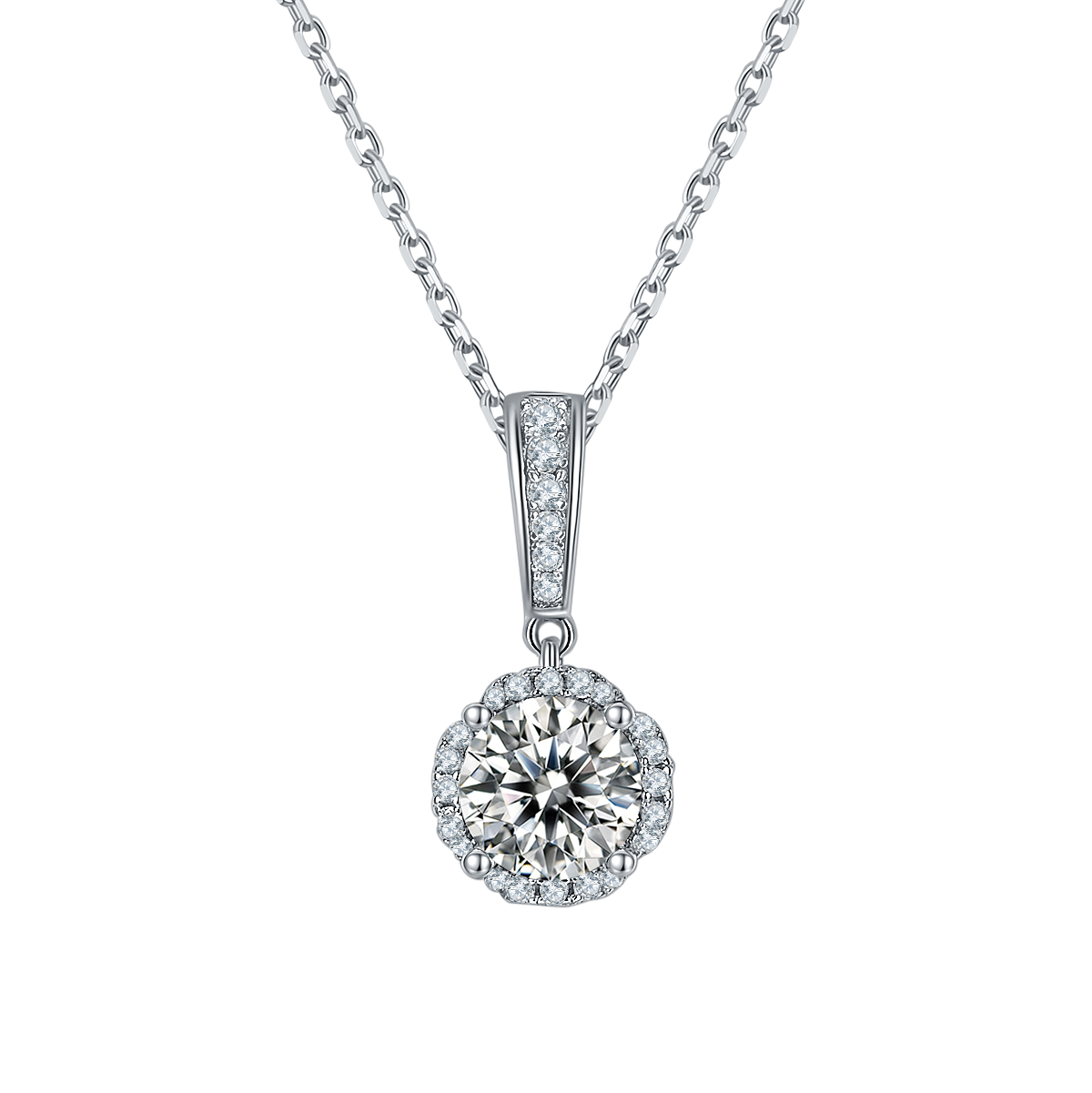 Round Lab-Grown Diamond Flower Halo Necklace