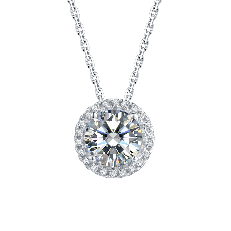 Round Lab Grown Diamond 14K Gold Halo Pendant Necklace