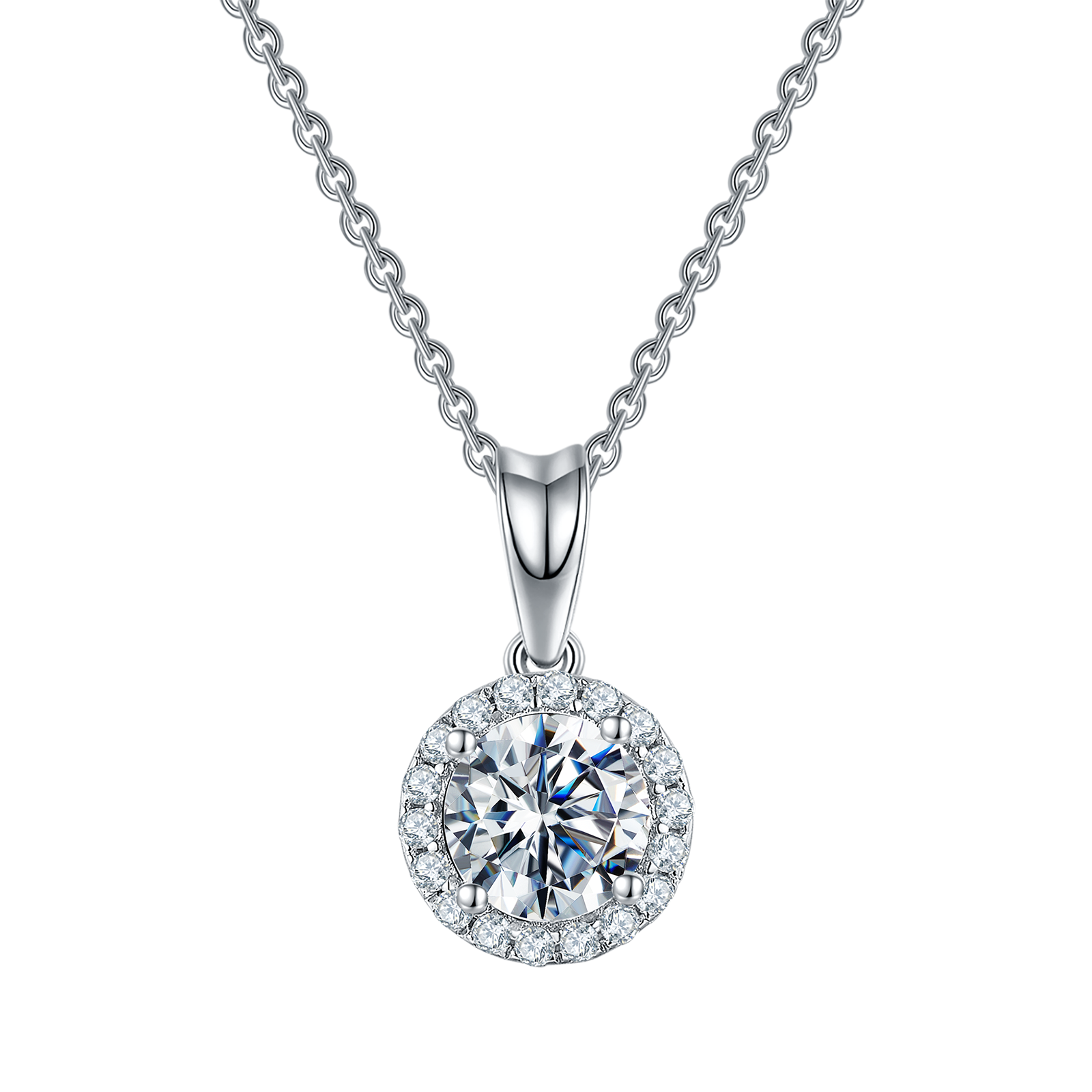 Round Lab Grown Diamond 14K Gold Four-Prong Halo Pendant Necklace