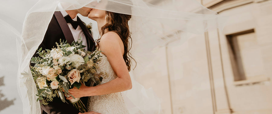 The newlyweds embraced each other while wearing lab-grown diamond wedding rings.